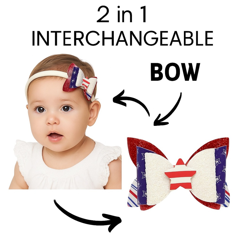 4th of July Baby Girl 4” Bow Headband 2 in 1 Interchangeable Nylon USA Patriotic